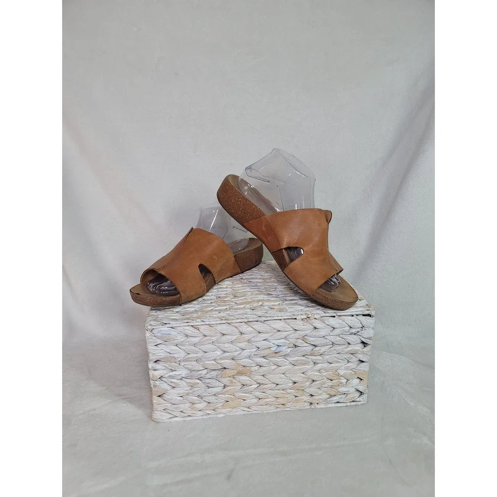 Korks Bohemian Minimalist Slide Sandals Vacation Resortwear‎ Tan Leather Size 10